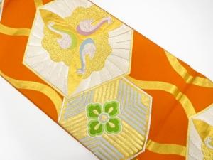 アンティーク　よろけ縞に鶴・花模様織り出し袋帯（着用可）